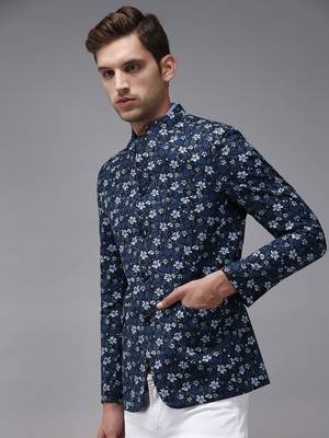 Men's Mandarin Collar Blue Printed Blazer 3