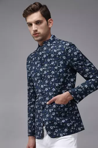 Men's Mandarin Collar Blue Printed Blazer