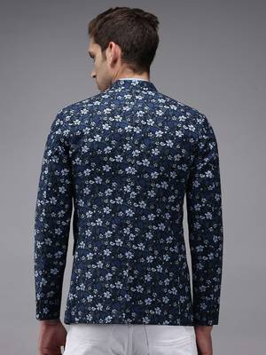 Men's Mandarin Collar Blue Printed Blazer 4