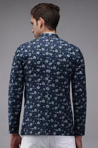 Men's Mandarin Collar Blue Printed Blazer