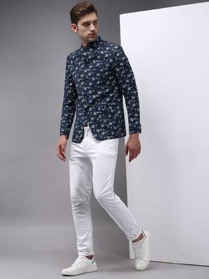 Men's Mandarin Collar Blue Printed Blazer 5