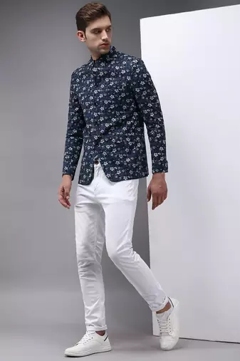 Men's Mandarin Collar Blue Printed Blazer