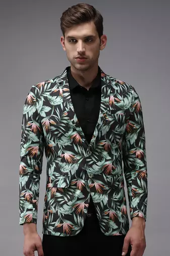 Men's Mandarin Collar Grey Printed Blazer