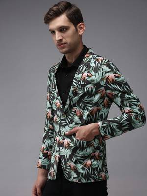 Men's Mandarin Collar Grey Printed Blazer 3