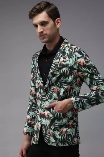 Men's Mandarin Collar Grey Printed Blazer
