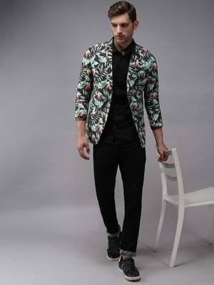Men's Mandarin Collar Grey Printed Blazer 5