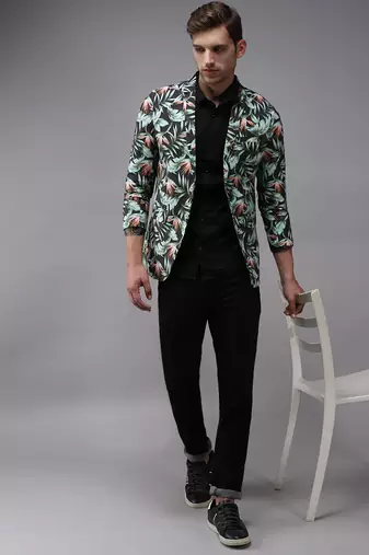 Men's Mandarin Collar Grey Printed Blazer