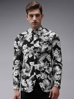 SHOWOFF Men's Mandarin Collar Black Printed Blazer 2