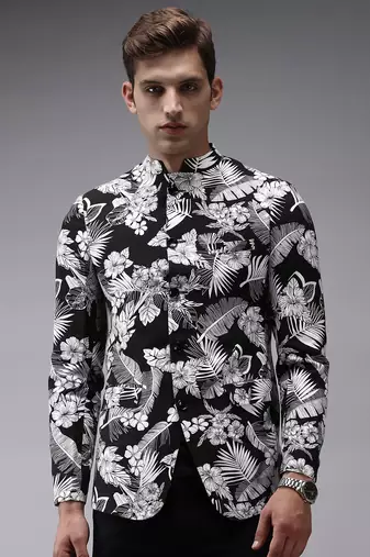 SHOWOFF Men's Mandarin Collar Black Printed Blazer