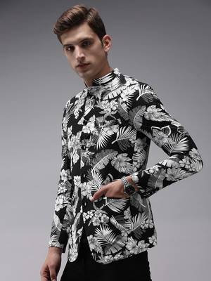 SHOWOFF Men's Mandarin Collar Black Printed Blazer 3