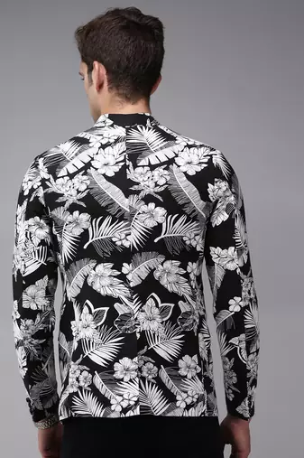SHOWOFF Men's Mandarin Collar Black Printed Blazer