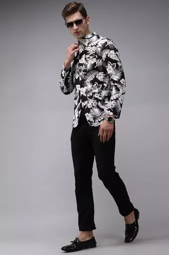 SHOWOFF Men's Mandarin Collar Black Printed Blazer