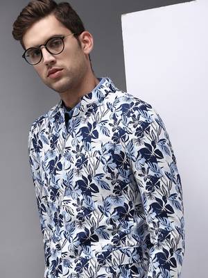 Men's Mandarin Collar White Printed Blazer 1