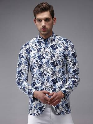 Men's Mandarin Collar White Printed Blazer 2