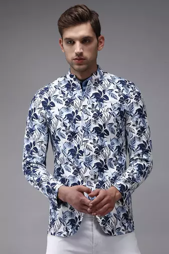Men's Mandarin Collar White Printed Blazer