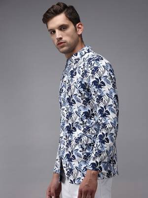 Men's Mandarin Collar White Printed Blazer 3