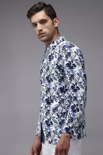 Men's Mandarin Collar White Printed Blazer