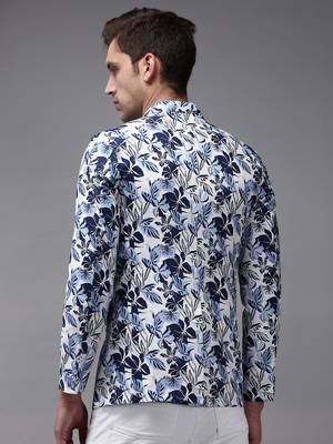 Men's Mandarin Collar White Printed Blazer 4