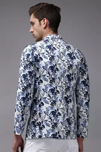 Men's Mandarin Collar White Printed Blazer