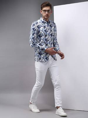 Men's Mandarin Collar White Printed Blazer 5