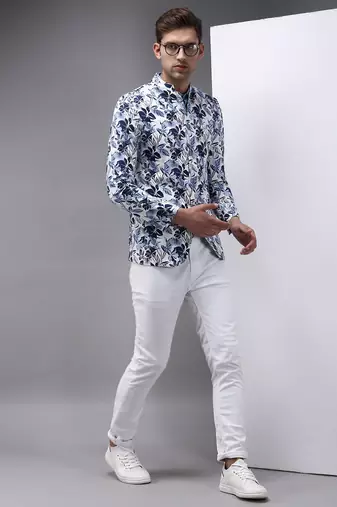 Men's Mandarin Collar White Printed Blazer