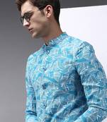 SHOWOFF Men's Mandarin Collar Blue Printed Blazer