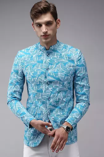 SHOWOFF Men's Mandarin Collar Blue Printed Blazer