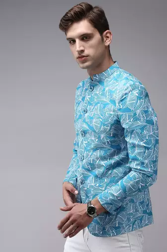 SHOWOFF Men's Mandarin Collar Blue Printed Blazer