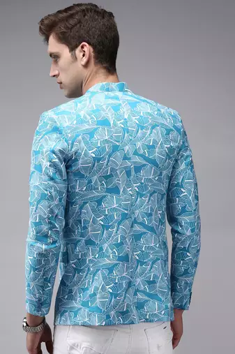 SHOWOFF Men's Mandarin Collar Blue Printed Blazer