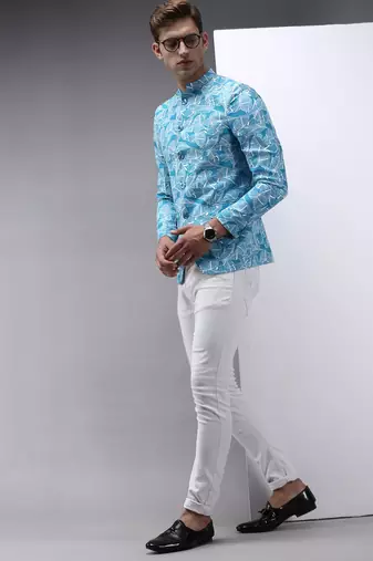 SHOWOFF Men's Mandarin Collar Blue Printed Blazer