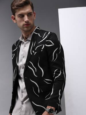 Men's Mandarin Collar Black Printed Blazer 1