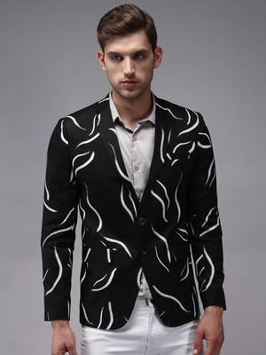 Men's Mandarin Collar Black Printed Blazer 2