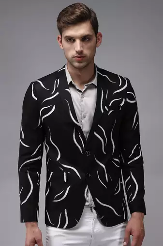 Men's Mandarin Collar Black Printed Blazer