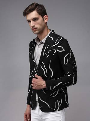 Men's Mandarin Collar Black Printed Blazer 3