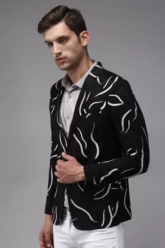 Men's Mandarin Collar Black Printed Blazer