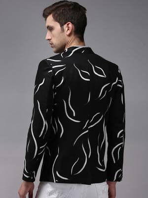 Men's Mandarin Collar Black Printed Blazer 4