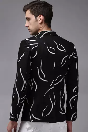 Men's Mandarin Collar Black Printed Blazer