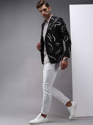 Men's Mandarin Collar Black Printed Blazer 5