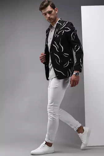 Men's Mandarin Collar Black Printed Blazer