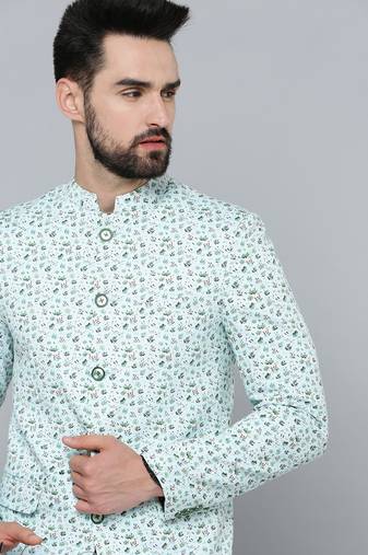 men's mandarin collar sea green printed blazer