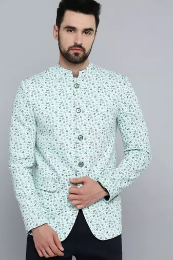 men's mandarin collar sea green printed blazer