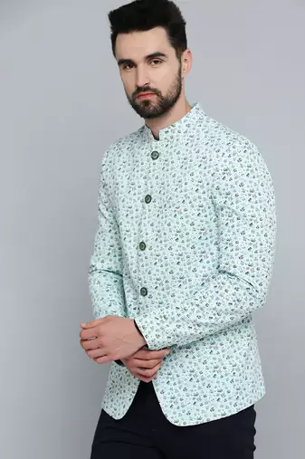 men's mandarin collar sea green printed blazer
