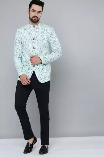 men's mandarin collar sea green printed blazer