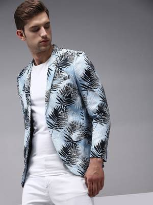 men's mandarin collar blue printed blazer 1