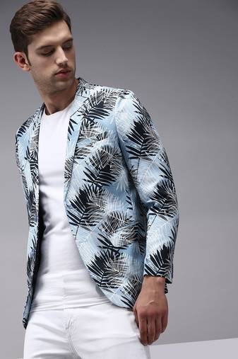 SHOWOFF Men's Mandarin Collar Blue Printed Blazer