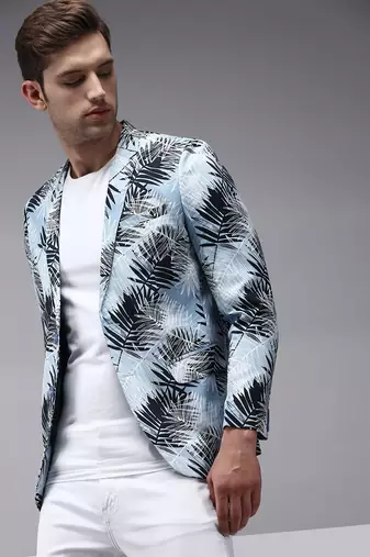 SHOWOFF Men's Mandarin Collar Blue Printed Blazer
