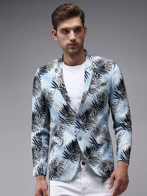 men's mandarin collar blue printed blazer 2