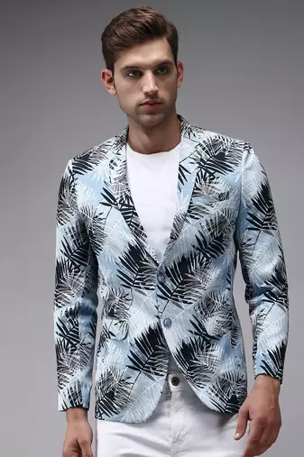 men's mandarin collar blue printed blazer