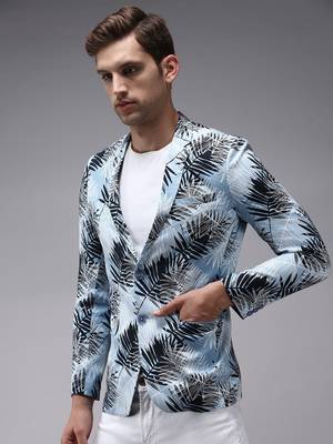 men's mandarin collar blue printed blazer 3