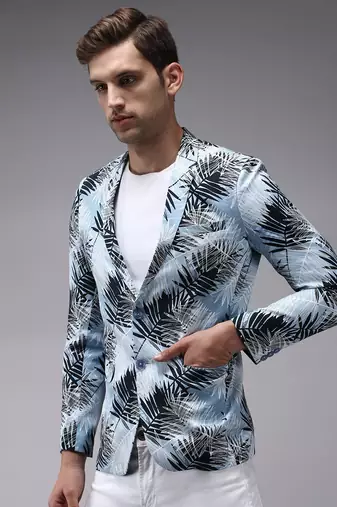 men's mandarin collar blue printed blazer